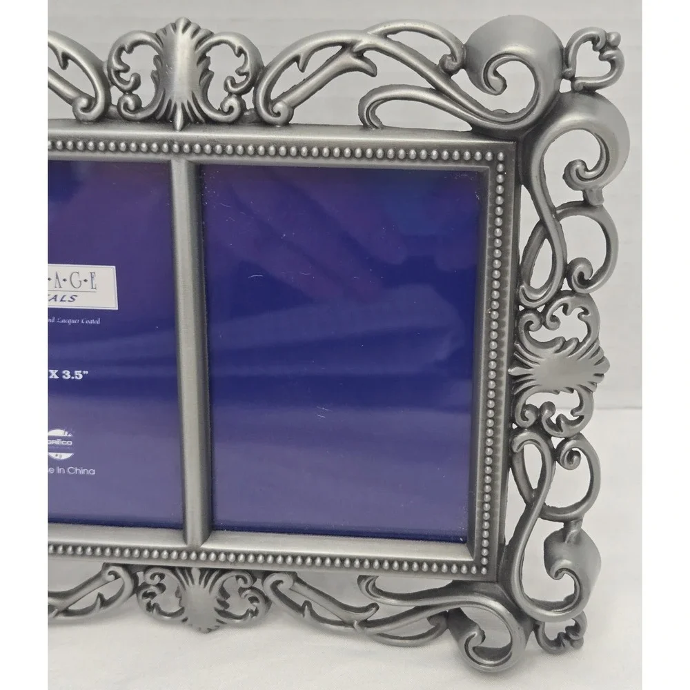 Orna Metals Antique-Style Ornate Pewter Double Photo Frame Scrollwork Design